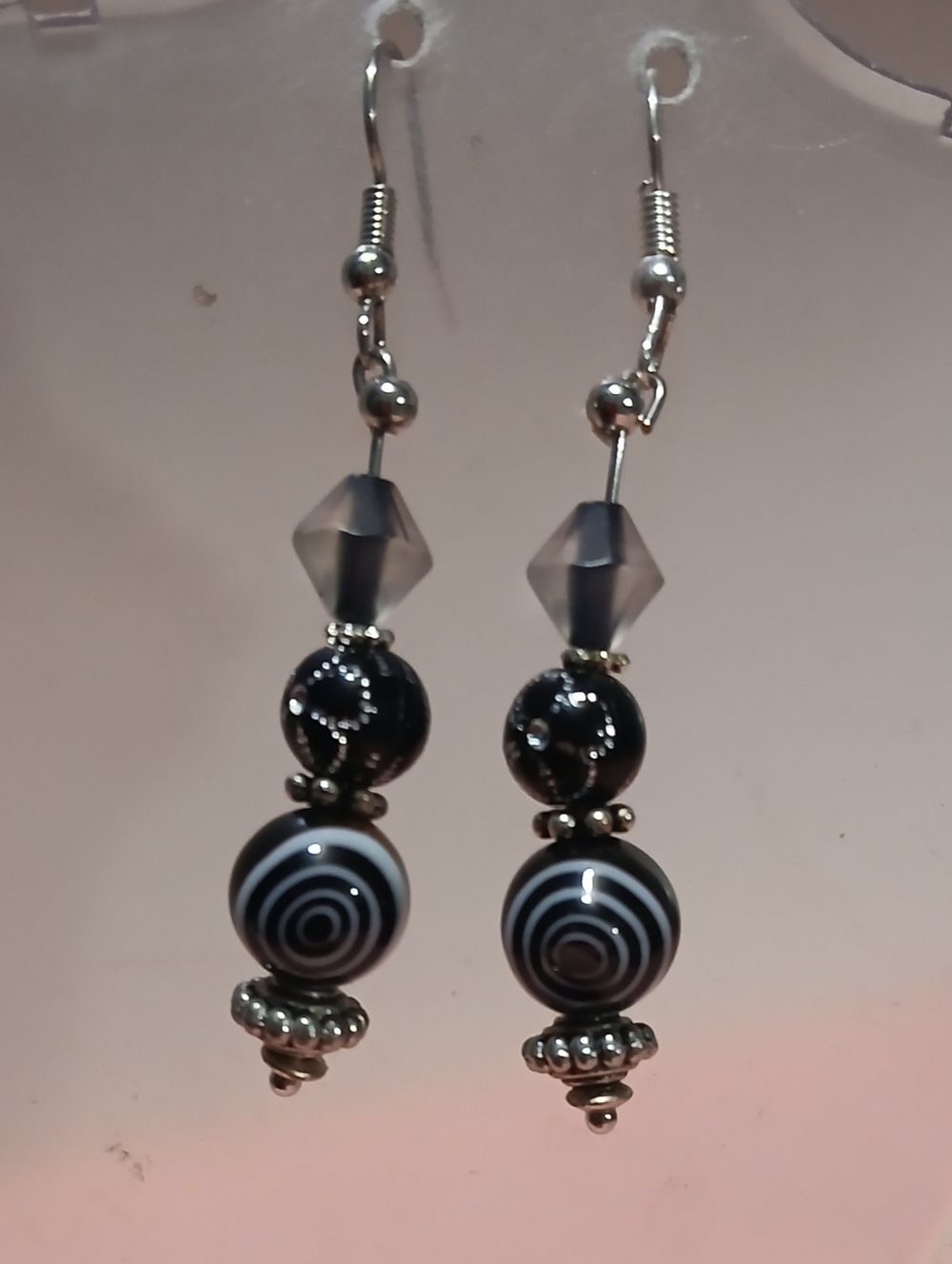 Hand Crafted Black and White Beaded Dangle Earrings